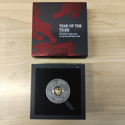 2022 Perth Mint Year of the Tiger $1 1oz Rotating Charm Silver Antiqued Coin