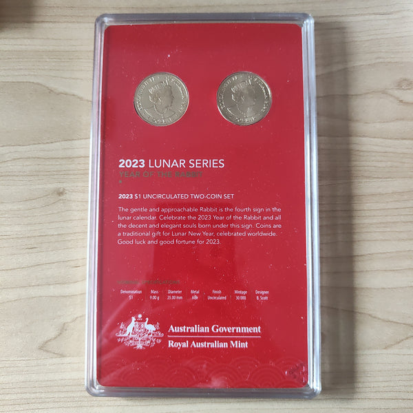 2023 Royal Australian Mint Australian Lunar Year of the Rabbit $1 Uncirculated 2 Coin Set