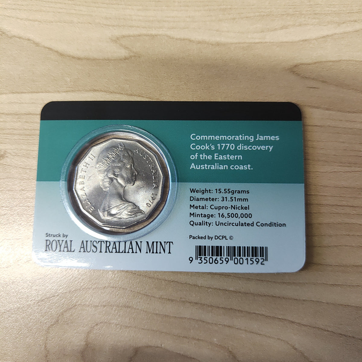 Australia 1970 RAM 50c Captain James Cook Bicentenary in Downies Card, Shields Stamps & Coins