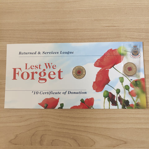 2012 RAM $2 Coloured Poppy Lest We Forget Remembrance Day Uncirculated Coin in RSL card
