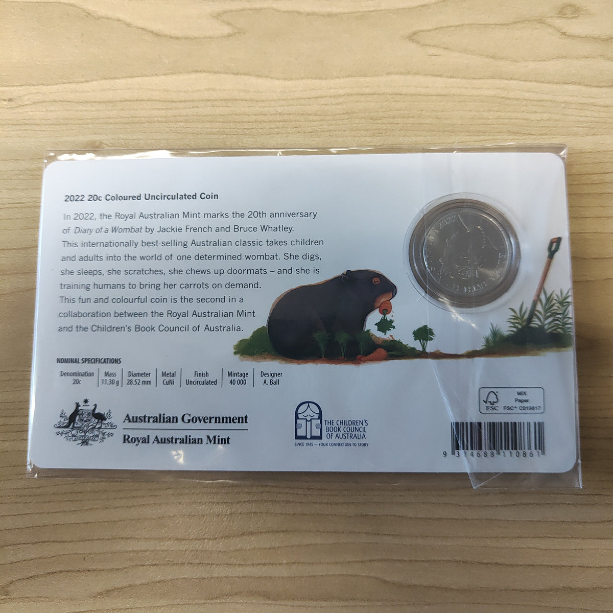 2022 Australia 20c Diary of a Wombat Coloured 20c Carded Coin Shields