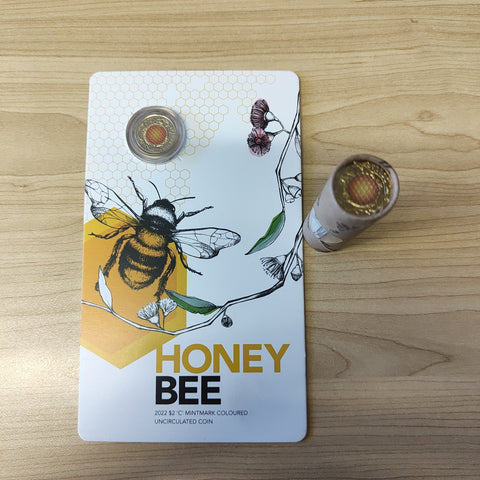 2022 Royal Australian Mint $2 Coloured Honey Bee Mint Roll and Carded Coin