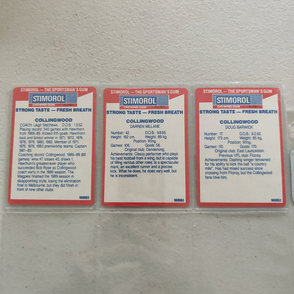 1990 Scanlens Stimorol Collingwood Magpies Team Set of 12 Cards