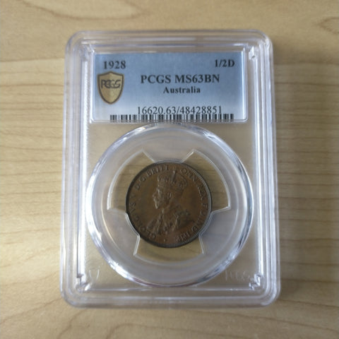 1928 Australia Halfpenny 1/2d PCGS Graded MS63BN Slabbed Coin
