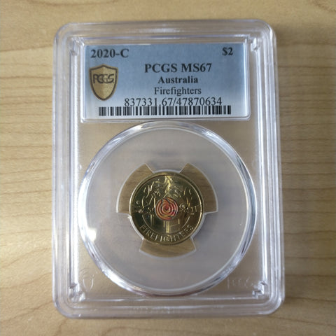 2020 $2 Firefighters C Mintmark PCGS Graded MS67 Slabbed Coloured Coin