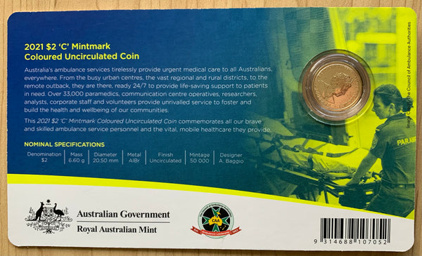 Australia 2021 Royal Australian Mint $2 Ambulance Service Coloured Coin C Mintmark