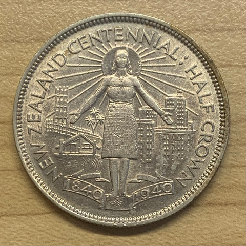 New Zealand 1940 Silver Centennial Half Crown Extremely Fine Condition