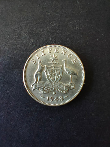 Australia 1943D 6d Sixpence Silver Coin Fine Condition. Denver Mint