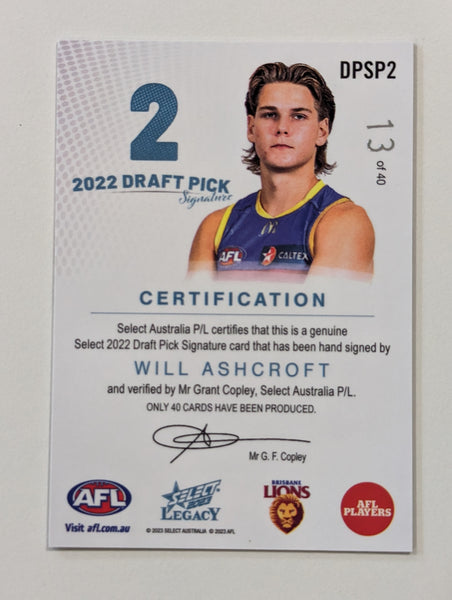 2023 AFL Select Legacy Platinum Draft Pick Signature Will Ashcroft Brisbane 13/40