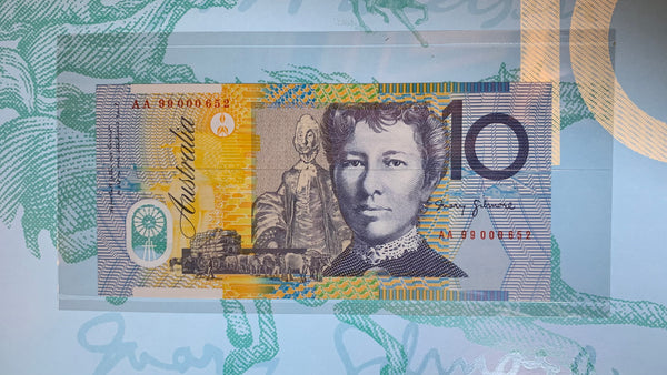 1999 $5, $10, $20, $50 & $100 Australian Banknote Premium Folder Matching Red Serial Numbers AA99000652