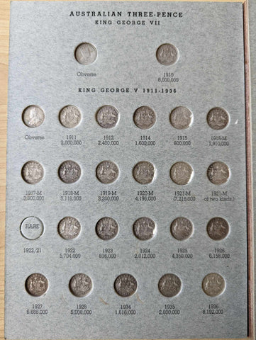 Australia 1910-64 Complete Set 3d Threepence Silver Coin Fine Condition