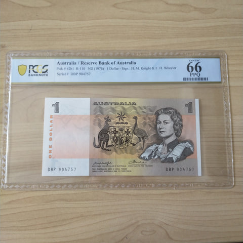 Australian 1976 $1 R76bi Knight Wheeler PCGS Graded Gem Unc 66 PPQ Banknote