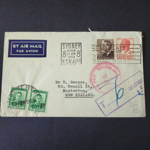 Australia to Masterton New Zealand 1953 Air Mail Cover, Postage Due