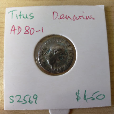 Roman Denarius, Titus Divus Vespasian AD 80-81, Divus Vespasian, Two Capricorns supporting shield