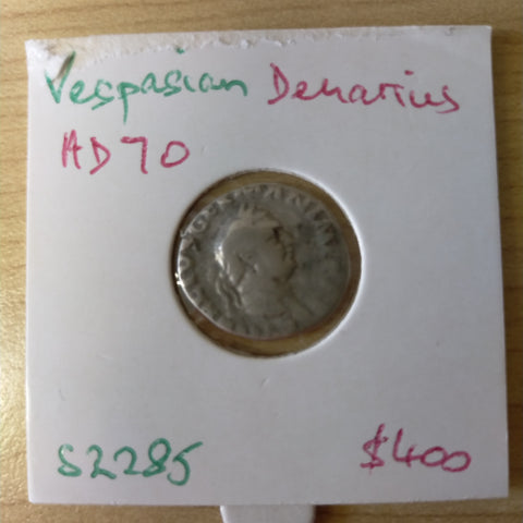 Roman Denarius, Vespasian, 70 AD, Obv Caesar Vespasianvs, Pax seated, holding branch and Caduceus VF
