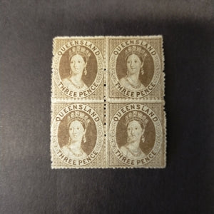Queensland 3d Brown mint block of 4, one showing major retouch, fine and rare SG16 + 16c