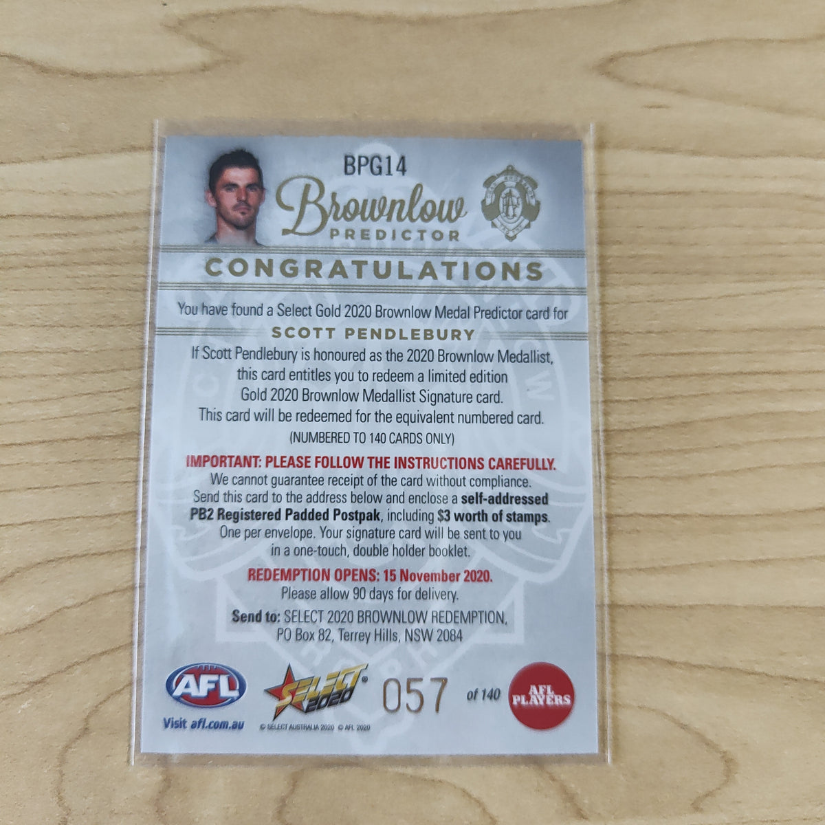 2020 Afl Select Brownlow Predictor Scott Pendlebury Collingwood No.057 