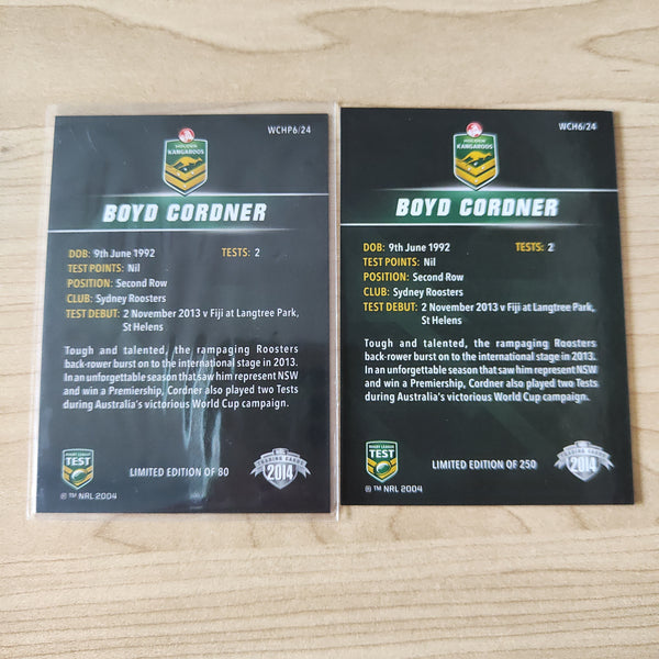 2014 NRL Elite World Cup Heroes Boyd Cordner Base and Platinum Card