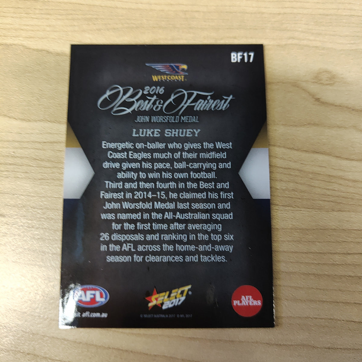 2017 Select AFL Best & Fairest Card Luke Shuey West Coast Shields