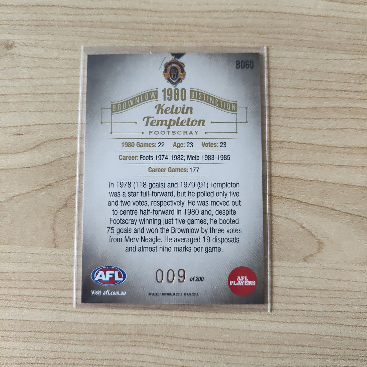 2015 Select Honours 2 Brownlow Kelvin Templeton Footscray Western Bull