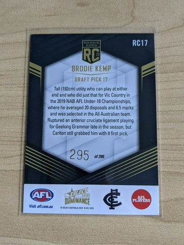 2020 AFL Select Dominance Rookie Brodie Kemp Carlton Last Number 295/295