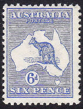 Australia SG 9 6d Ultramarine Kangaroo 1st Watermark MUH animals map