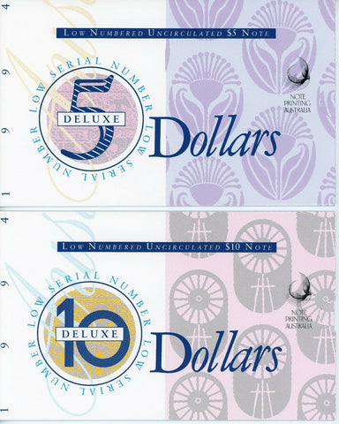 Australia 1994 $5 and $10 Banknotes Matching Serial Numbers In deluxe official folders.