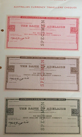 Australia 1973 The Bank of Adelaide $10, $20 & $50 Travellers Cheque Overprinted Specimen
