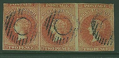 SA Australian States SG 2 2d rose-carmine in imperforate strip of 3 Used
