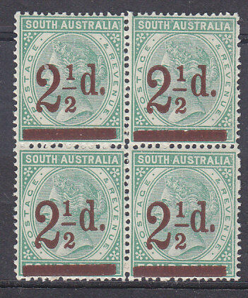 SA Australian States SG 233 2½d on 4d green in block of 4 MUH