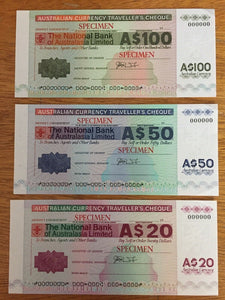 Australia 1970s National Bank $20, $50 & $100 Travellers Cheque Overprinted Specimen