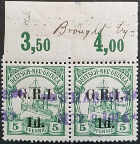 1d GRI on 5pf German New Guinea SG 2 marginal pair with Rabaul line hand stamp