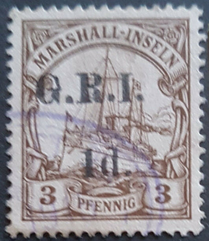 1d GRI on 3pf Marshall Islands German Colonies New Guinea SG 50, used