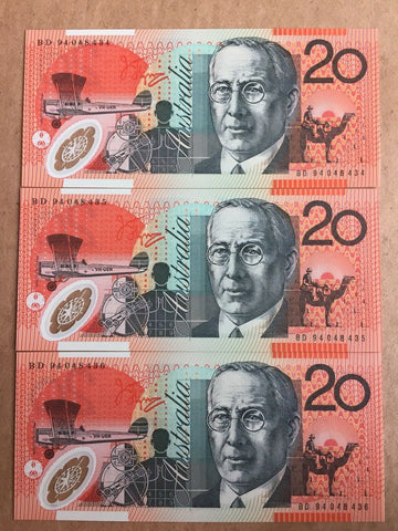 Australia 1994 $20 Fraser Evans First Polymer Issue R416  Run of 3 Uncirculated