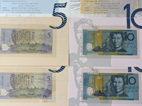 Australia 1994  $5 and $10 Banknote Deluxe Folders In Matching Pairs 585, 586.