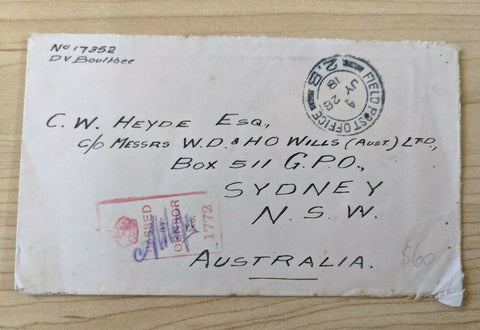 WWI Military Mail Field Post Office Passed By Censor Sent to Sydney Australia