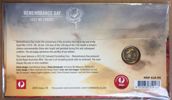2015 $2 Remembrance Day Lest We Forget PNC with Coloured $2 Coin