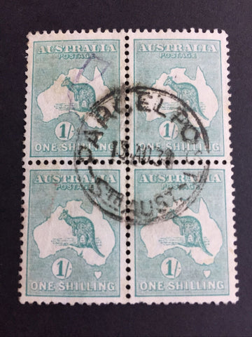 Australia 1/- Green Third Watermark Kangaroo Used Block of 4 (wmk misplaced)