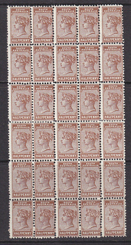 SA Australian States SG 188 ½d pale brown in block of 30 (21 MUH)