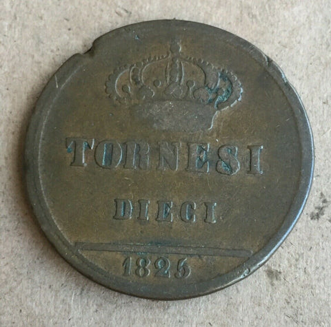 Italian States Naples 1826 Ten 10 Tornesi Copper Coin