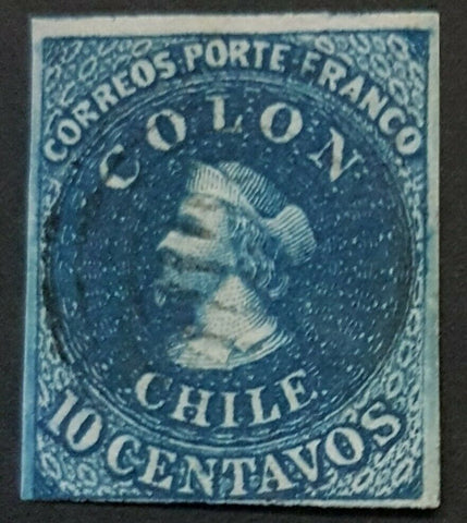 Chile 10 centavos Blue Columbus with 4 margins used