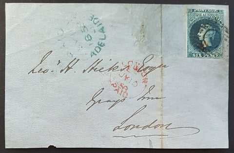 SA, Australian States, GB, 1858 6d imperforate Front Adelaide - London. SG 3