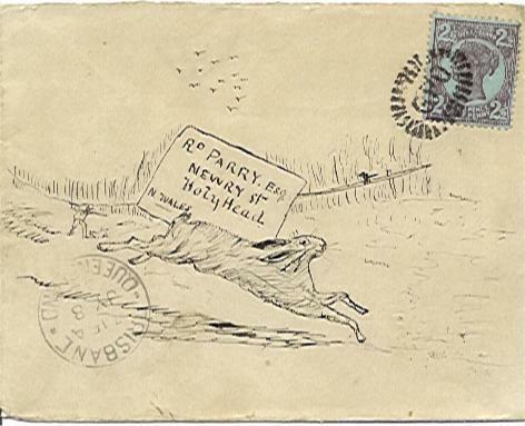Queensland 1902 Hand drawn cover of a rabbit from Brisbane to North Wales