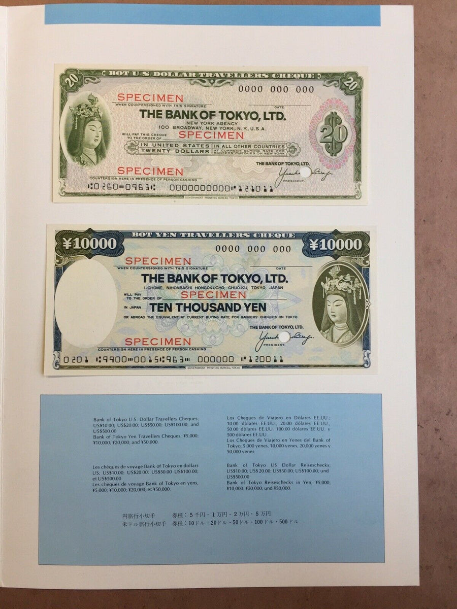 Japan ¥10,000 &US$20 Travellers Cheques Overprinted Specimen In Offici –  Shields Stamps & Coins