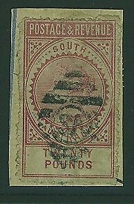 SA Australian States SG 208a £20 claret Perf 11½-12½ Forged cancel on piece.