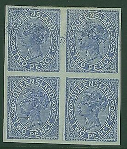Queensland SG 189 2d pale blue Proof in imperf block of 4 with part double print