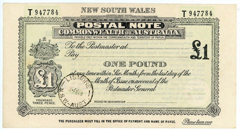 Australia NSW £1 Postal Note banknote postal stationery used Lismore 1948
