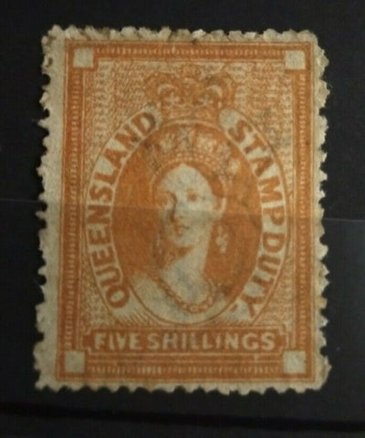 Qld Australian States SG F21 1871/2 Stamp Duty Wmk Crown Q 5/- Orange Stamp