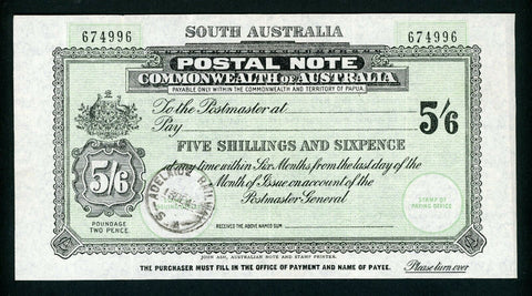 Australia South Australia 5/6 PostalNote Banknote postal stationery Adelaide1945