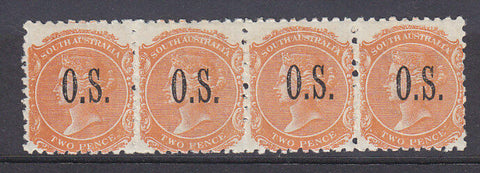 SA Australian States SG 055 2d orange-red optd OS strip of 4 Mint.